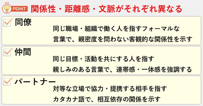 「同僚」「仲間」「パートナー」の違いを簡単にまとめると