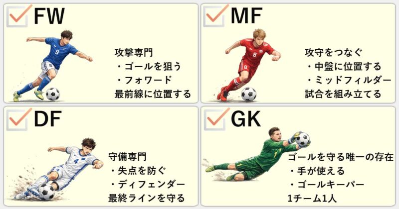 「FW」「MF」「DF」「GK」の違いを簡単にまとめると