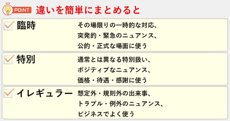 「臨時」「特別」「イレギュラー」の違いを簡単にまとめると