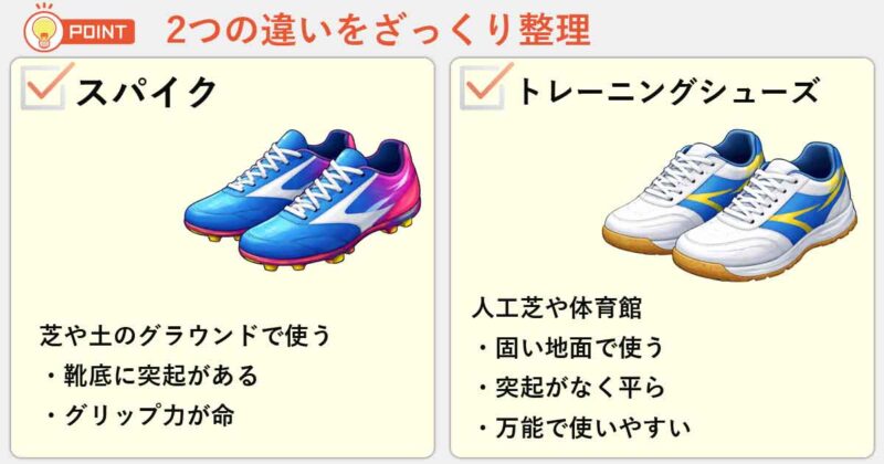 「スパイク」と「トレーニングシューズ」の違いを簡単にまとめると