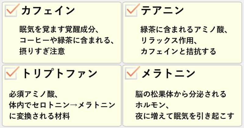 「カフェイン」「テアニン」「トリプトファン」「メラトニン」の違いを簡単にまとめると