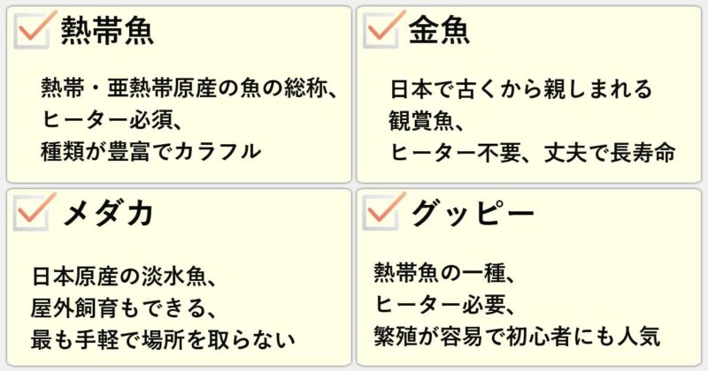 「熱帯魚」「金魚」「メダカ」「グッピー」の違いを簡単にまとめると