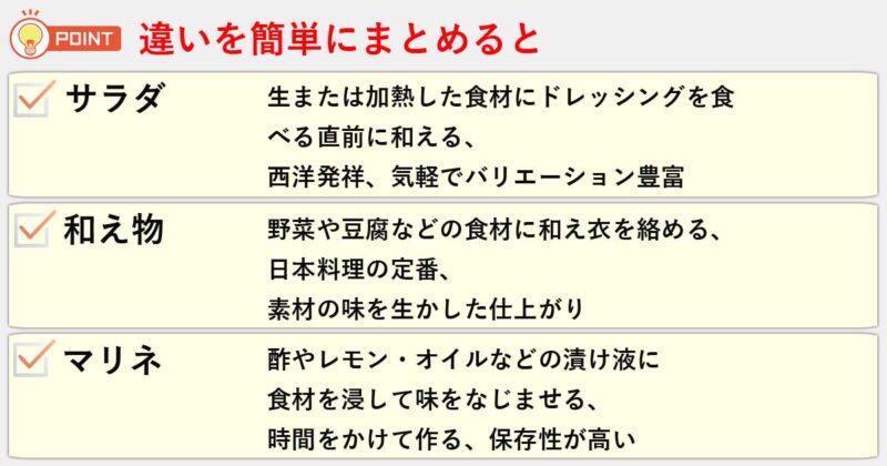 「サラダ」「和え物」「マリネ」の違いを簡単にまとめると