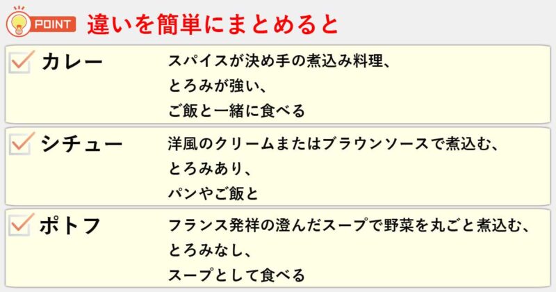 「カレー」「シチュー」「ポトフ」の違いを簡単にまとめると